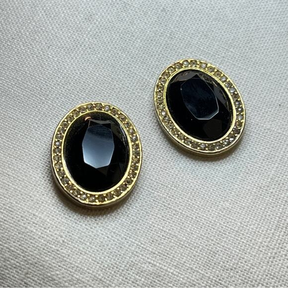 JUDY LEE VINTAGE 1950s Faux Gold Diamond & Black Facet Stone Oval Clip Earrings - Picture 8 of 9